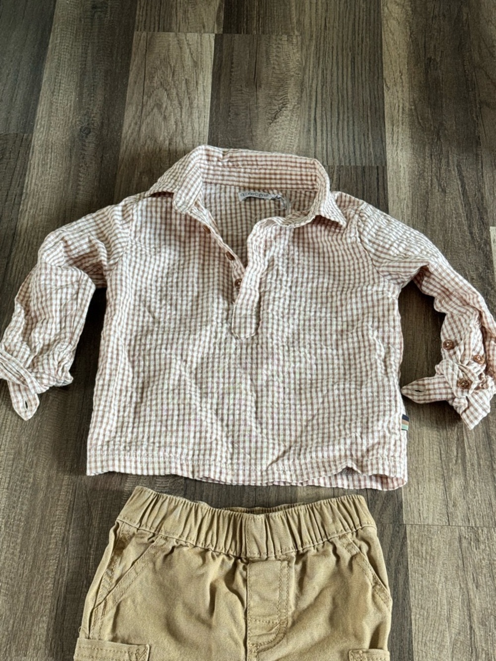 Carter's Pink Plaid Top with Tan Cargo Pants Kids Matching Set - Picture 2 of 4